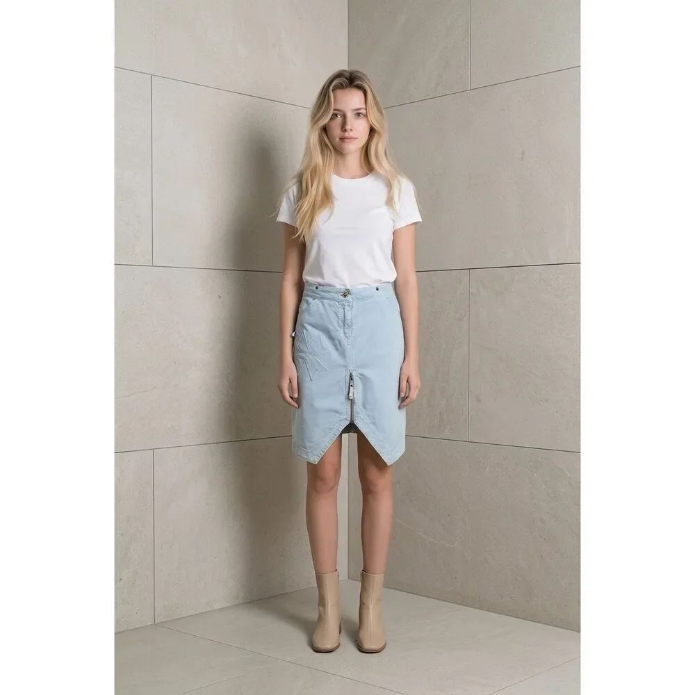 Fake London Genius Light Blue Cotton Zip Front Midi Skirt Vintage Style Boho Pun